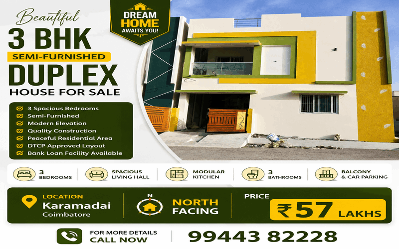 3 BHK Semi-Furnished duplex House for Sale karamadai