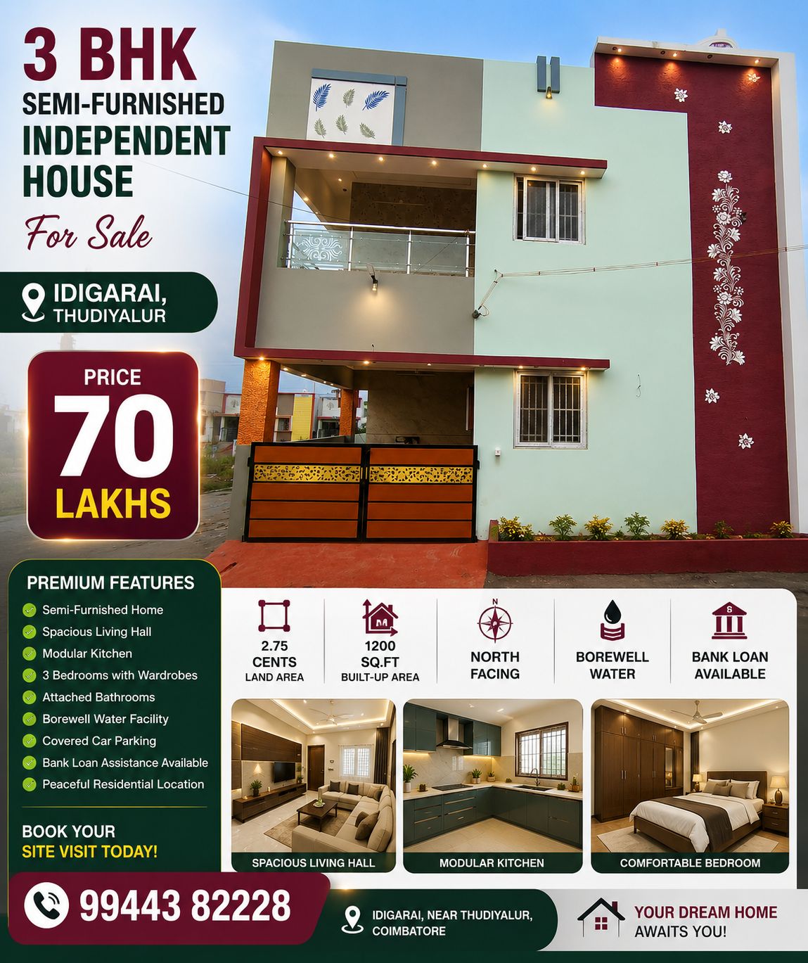 3 BHK Semi-Furnished Duplex House for Sale /  Price: ₹70 Lakhs