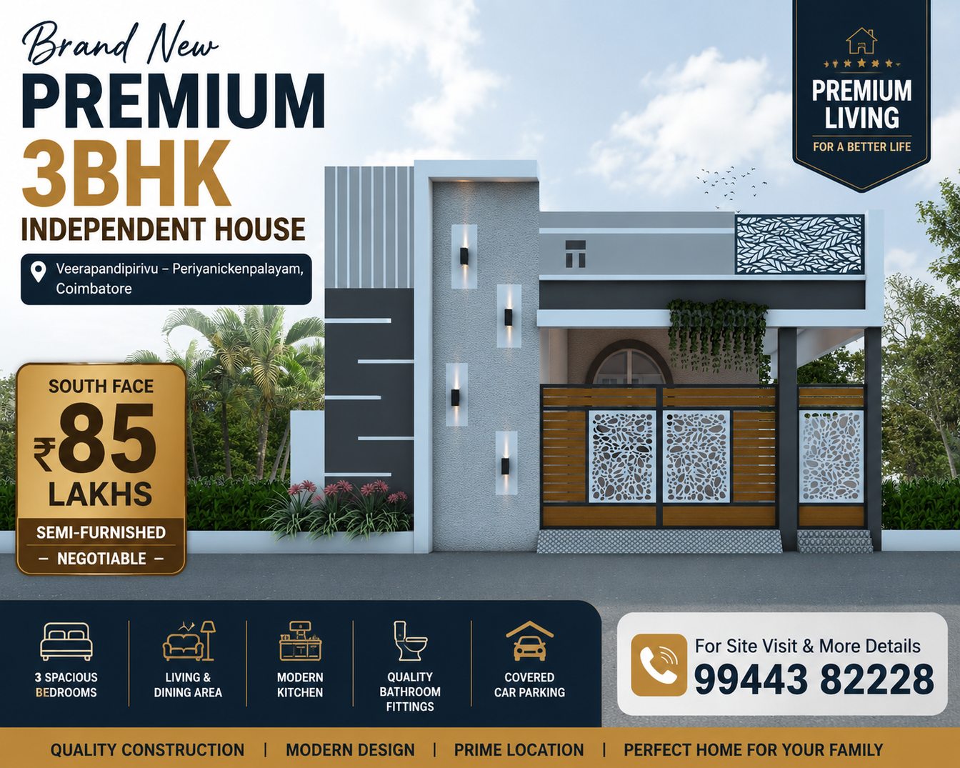 3 BHK Independent House for sale veerapandi pirivu / Price: ₹85 Lakhs